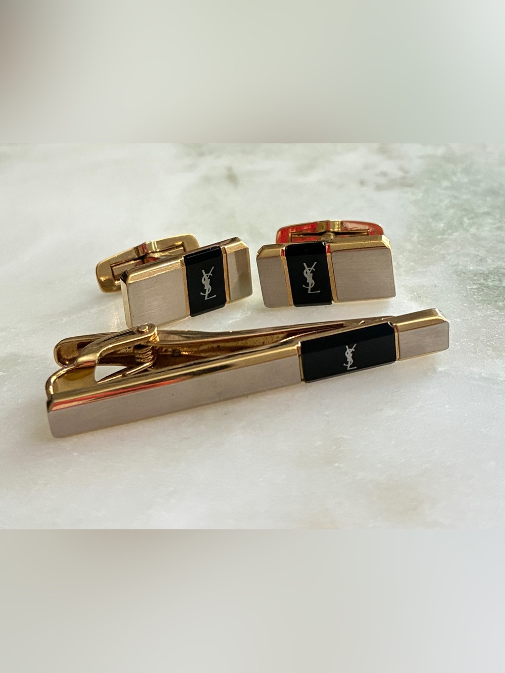 YSL Vintage Cuff Links & Tie Clip Set